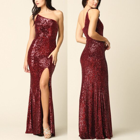 Burgundy Red Sequin One Shoulder Formal Prom Evening Dress 6 - Picture 2 of 3